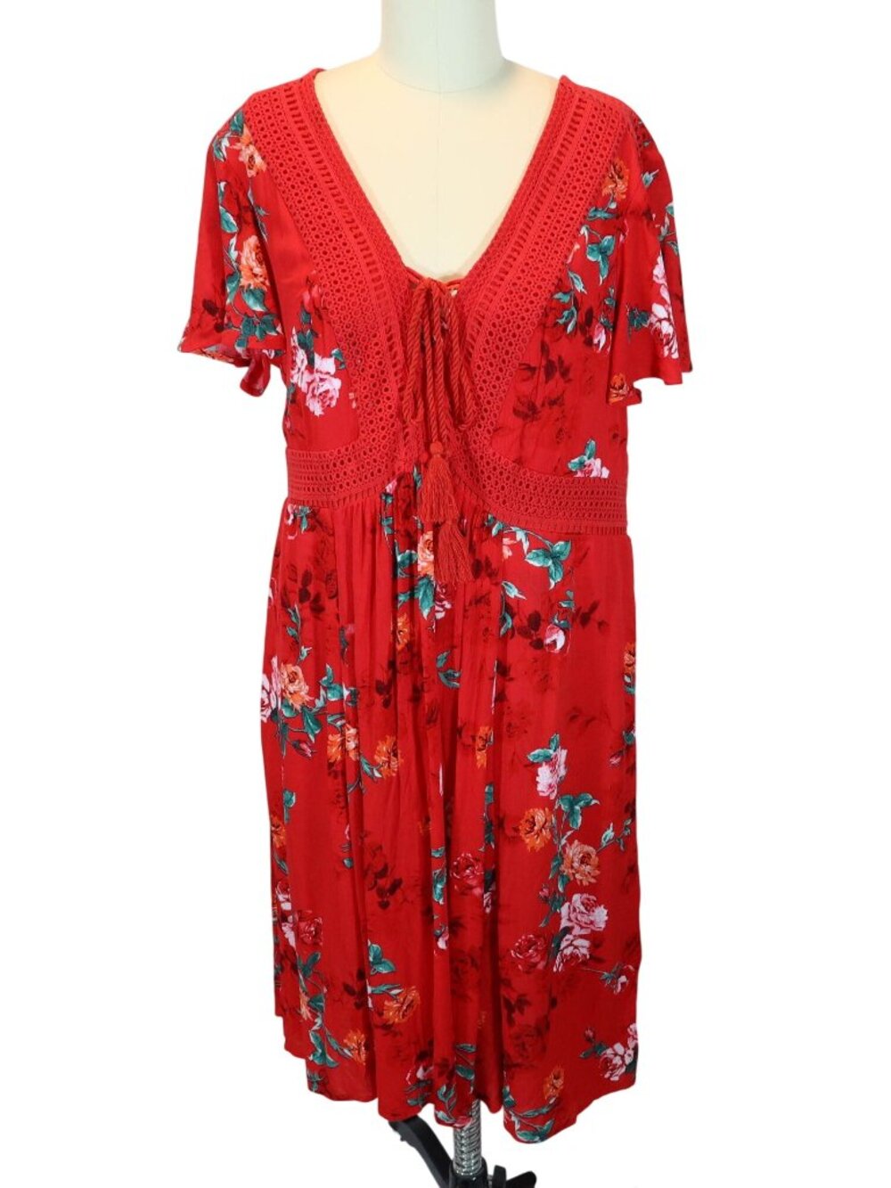 TORRID Floral Flutter Sleeve Crochet Tassel Skater Midi Dress 00 M/L Fairy Boho